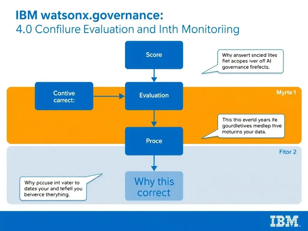 Educational infographic for IBM watsonx.governance: visualize the concept of 'F1 Score' within the '4.0 Configure Evaluation and Monitoring' domain. Use a clean flowchart or layered diagram showing how this capability fits into an AI governance lifecycle — include labeled boxes for key steps, arrows showing data flow, and IBM blue/navy color palette. Add concise callout labels highlighting why this answer is correct.