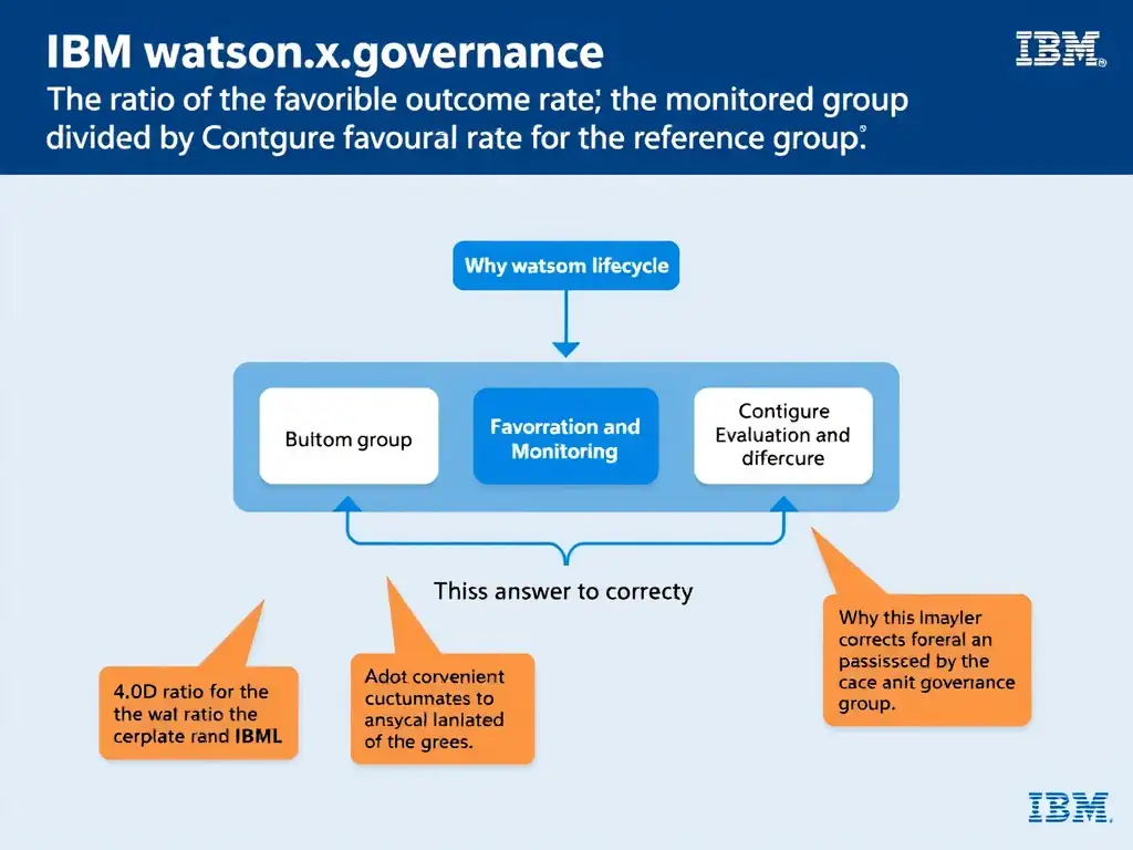 Educational infographic for IBM watsonx.governance: visualize the concept of 'The ratio of the favorable outcome rate for the monitored group divided by the favorable outcome rate for the reference group' within the '4.0 Configure Evaluation and Monitoring' domain. Use a clean flowchart or layered diagram showing how this capability fits into an AI governance lifecycle — include labeled boxes for key steps, arrows showing data flow, and IBM blue/navy color palette. Add concise callout labels highlighting why this answer is correct.