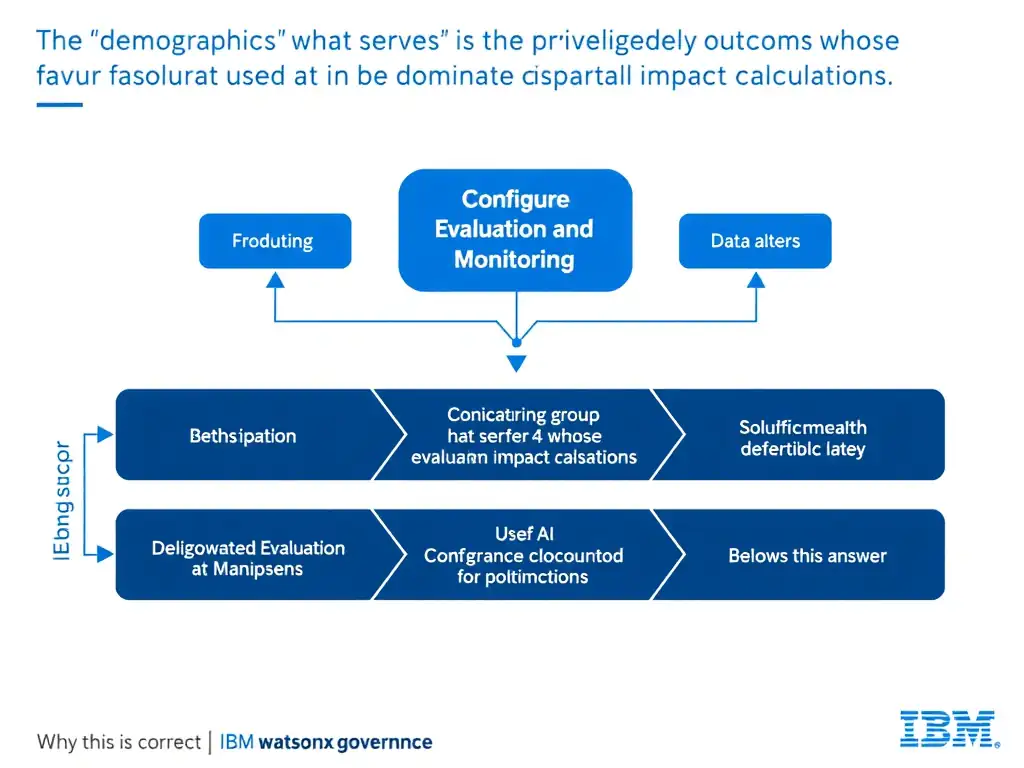 Educational infographic for IBM watsonx.governance: visualize the concept of 'The demographic group that serves as the privileged baseline whose favorable outcome rate is used as the denominator in disparate impact calculations' within the '4.0 Configure Evaluation and Monitoring' domain. Use a clean flowchart or layered diagram showing how this capability fits into an AI governance lifecycle — include labeled boxes for key steps, arrows showing data flow, and IBM blue/navy color palette. Add concise callout labels highlighting why this answer is correct.