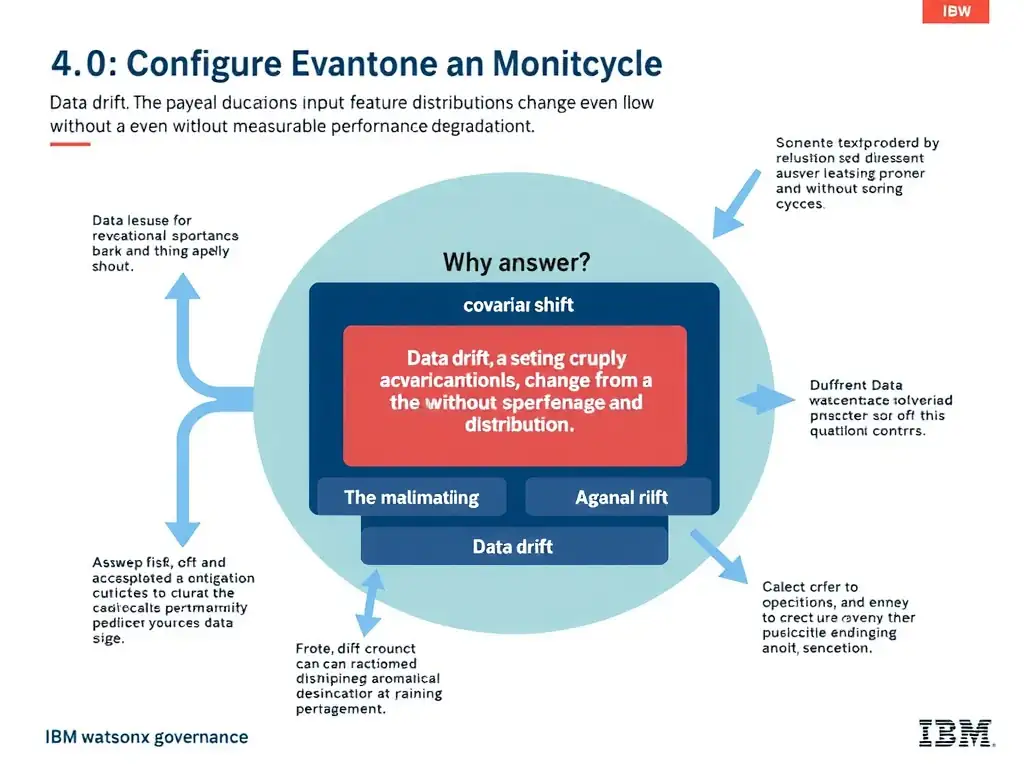 Educational infographic for IBM watsonx.governance: visualize the concept of 'Data drift, also called covariate shift, occurring when input feature distributions change from the training distribution even without measurable performance degradation' within the '4.0 Configure Evaluation and Monitoring' domain. Use a clean flowchart or layered diagram showing how this capability fits into an AI governance lifecycle — include labeled boxes for key steps, arrows showing data flow, and IBM blue/navy color palette. Add concise callout labels highlighting why this answer is correct.