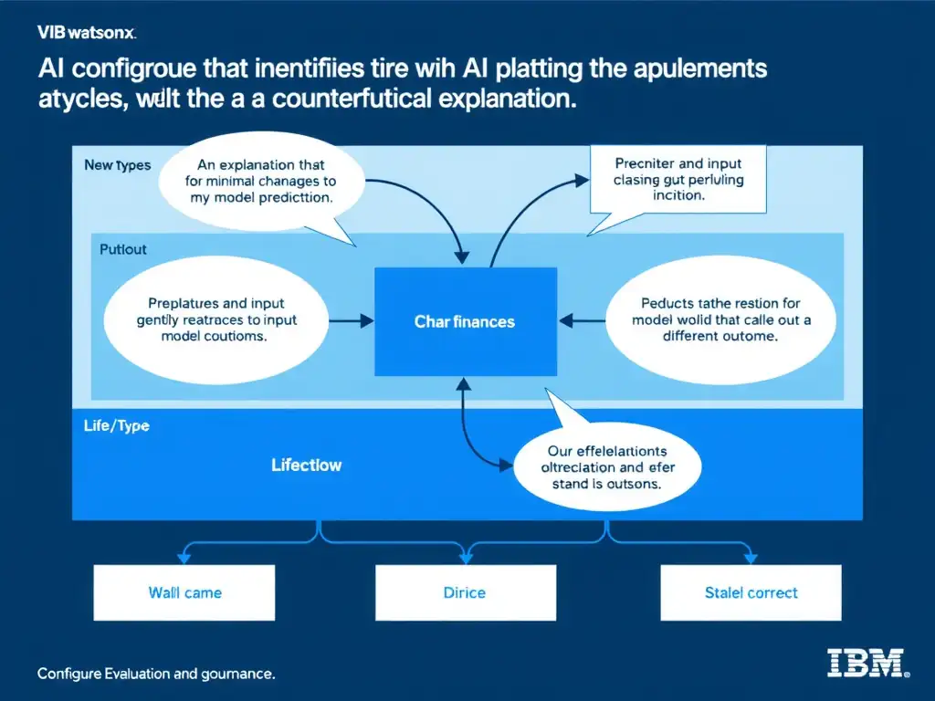 Educational infographic for IBM watsonx.governance: visualize the concept of 'An explanation that identifies the minimal changes to input features that would flip the model's prediction to a different outcome, also called a counterfactual explanation' within the '4.0 Configure Evaluation and Monitoring' domain. Use a clean flowchart or layered diagram showing how this capability fits into an AI governance lifecycle — include labeled boxes for key steps, arrows showing data flow, and IBM blue/navy color palette. Add concise callout labels highlighting why this answer is correct.