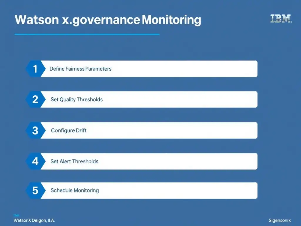 A technical flowchart titled 'watsonx.governance Monitoring Configuration Sequence'. Show numbered steps in connected boxes: 1) Define parameters, 2) Set thresholds, 3) Configure detection, 4) Set alerts, 5) Schedule monitoring. Arrow flow left to right. IBM design system colors.