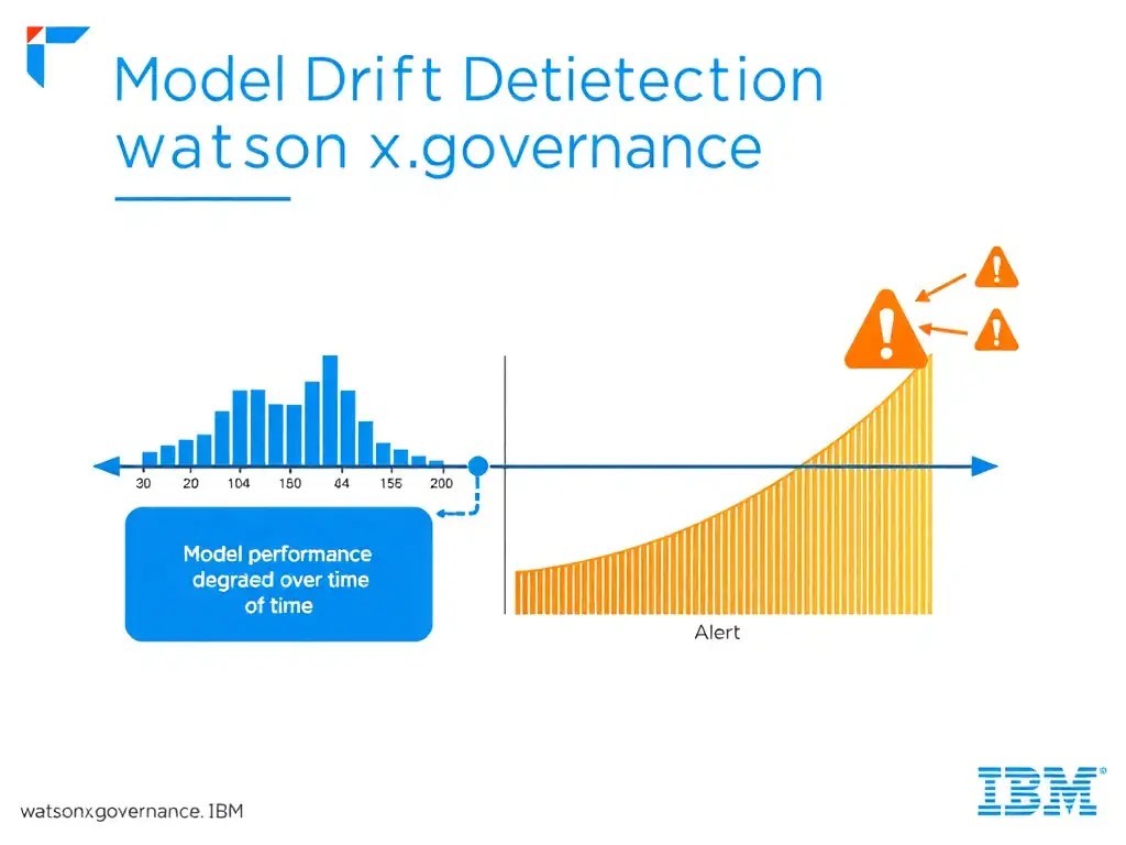 A technical diagram titled 'Model Drift Detection in watsonx.governance'. Show a timeline with baseline data on the left, a drift threshold line in the middle, and alert icons on the right. Include a line graph showing model performance degrading over time crossing the threshold. IBM blue and orange color scheme, white background, clean infographic style.