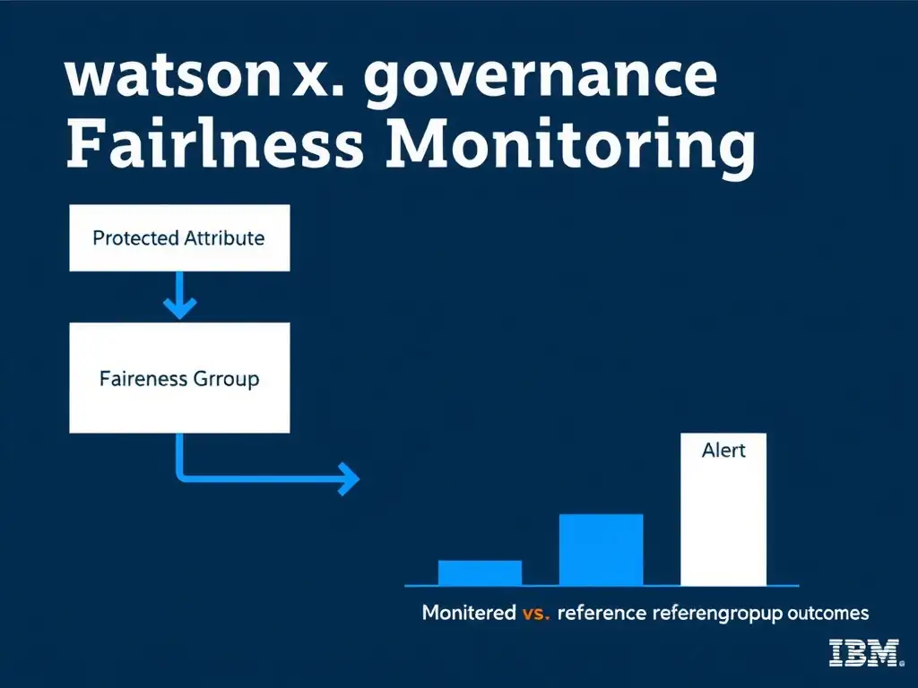 A clean technical infographic titled 'watsonx.governance Fairness Monitoring'. Show a flowchart with boxes labeled: Protected Attribute → Reference Group → Fairness Threshold → Alert. Include a bar chart comparing monitored vs. reference group outcomes. Dark navy background, IBM blue accent colors, white text labels, minimal professional style.