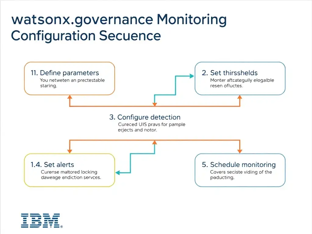 A technical flowchart titled 'watsonx.governance Monitoring Configuration Sequence'. Show numbered steps in connected boxes: 1) Define parameters, 2) Set thresholds, 3) Configure detection, 4) Set alerts, 5) Schedule monitoring. Arrow flow left to right. IBM design system colors.
