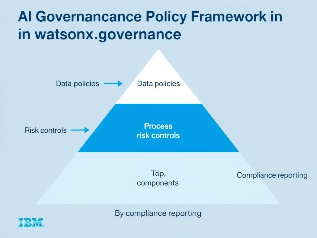 An infographic titled 'AI Governance Policy Framework in watsonx.governance'. Show a pyramid structure: Foundation (data policies) → Process (risk controls) → Top (compliance reporting). Each layer has labeled components. IBM blue and gray palette, clean professional layout.