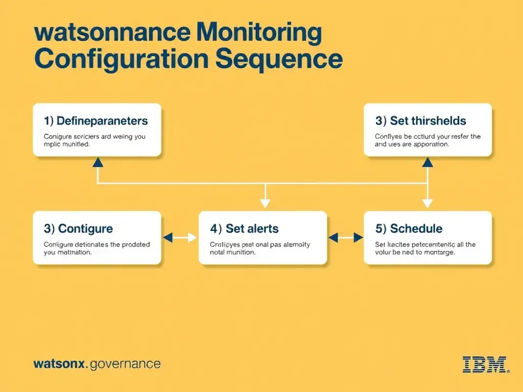 A technical flowchart titled 'watsonx.governance Monitoring Configuration Sequence'. Show numbered steps in connected boxes: 1) Define parameters, 2) Set thresholds, 3) Configure detection, 4) Set alerts, 5) Schedule monitoring. Arrow flow left to right. IBM design system colors.