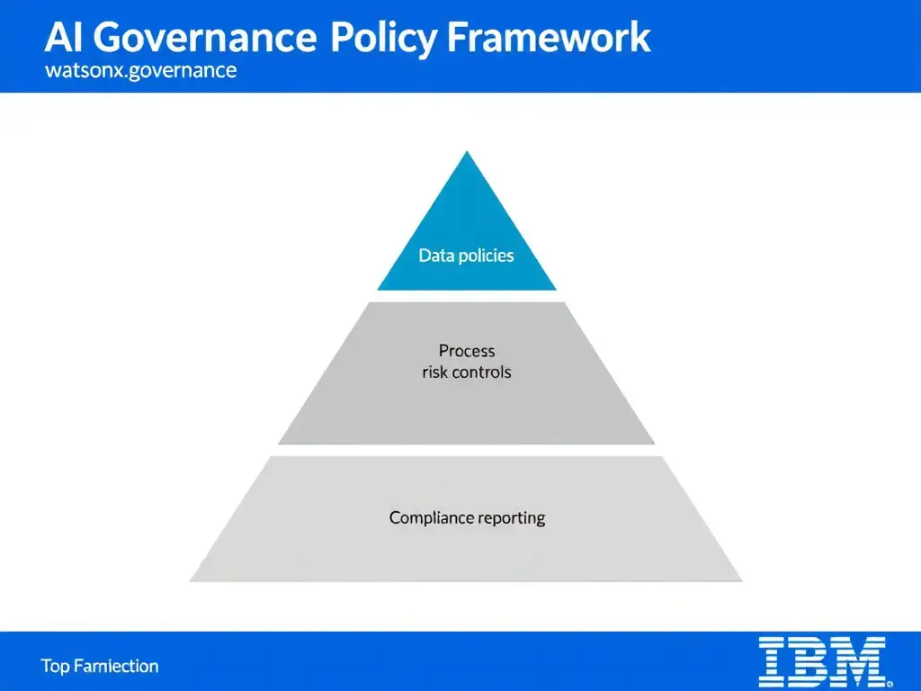 An infographic titled 'AI Governance Policy Framework in watsonx.governance'. Show a pyramid structure: Foundation (data policies) → Process (risk controls) → Top (compliance reporting). Each layer has labeled components. IBM blue and gray palette, clean professional layout.