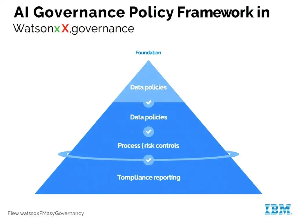 An infographic titled 'AI Governance Policy Framework in watsonx.governance'. Show a pyramid structure: Foundation (data policies) → Process (risk controls) → Top (compliance reporting). Each layer has labeled components. IBM blue and gray palette, clean professional layout.