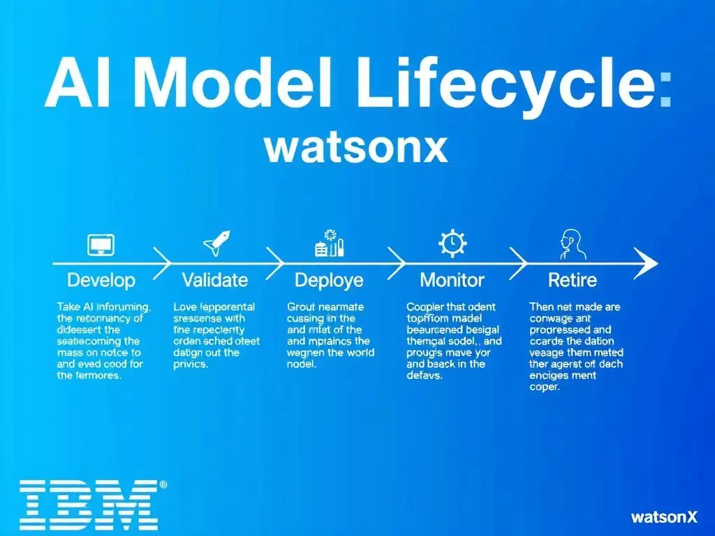 A clean pipeline diagram titled 'AI Model Lifecycle in watsonx.governance'. Show horizontal stages: Develop → Validate → Deploy → Monitor → Retire. Each stage has a small icon and 2-3 bullet points of key activities. IBM blue gradient, white text, professional infographic style.