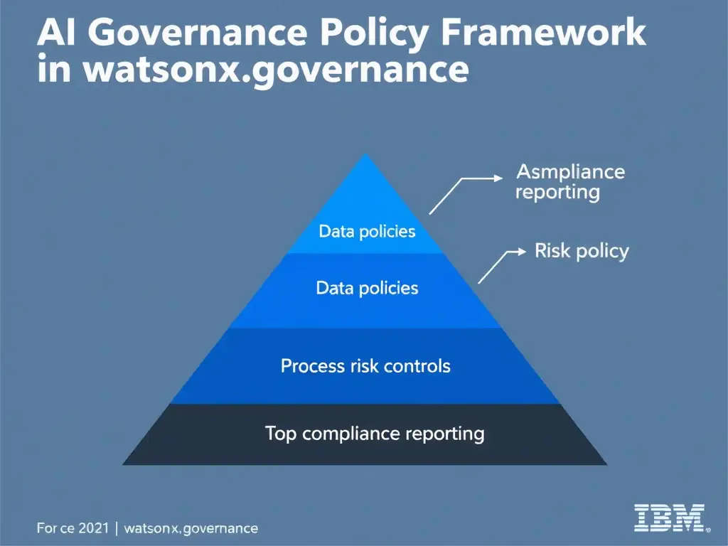 An infographic titled 'AI Governance Policy Framework in watsonx.governance'. Show a pyramid structure: Foundation (data policies) → Process (risk controls) → Top (compliance reporting). Each layer has labeled components. IBM blue and gray palette, clean professional layout.