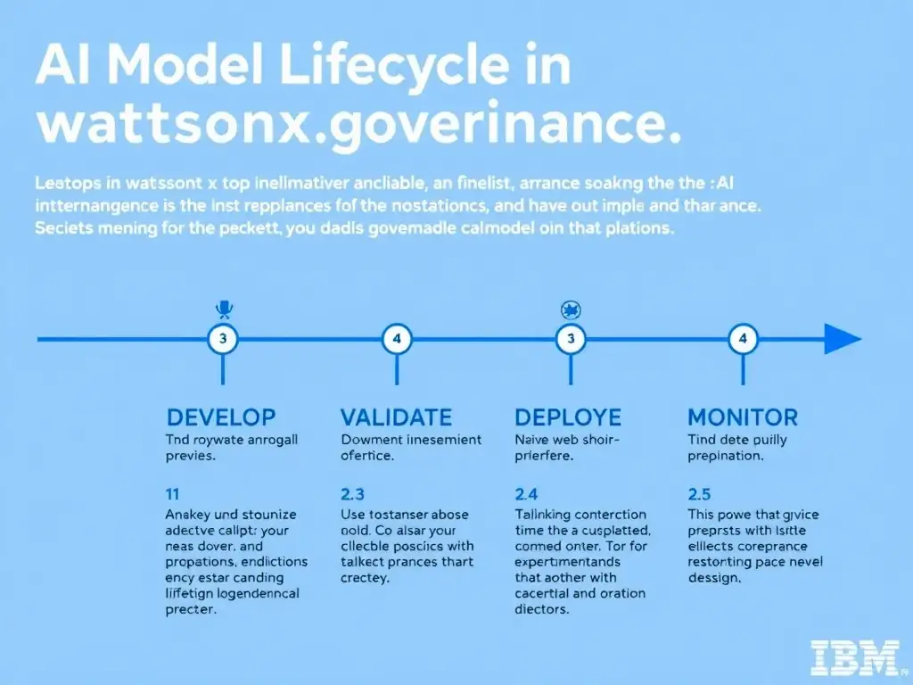 A clean pipeline diagram titled 'AI Model Lifecycle in watsonx.governance'. Show horizontal stages: Develop → Validate → Deploy → Monitor → Retire. Each stage has a small icon and 2-3 bullet points of key activities. IBM blue gradient, white text, professional infographic style.