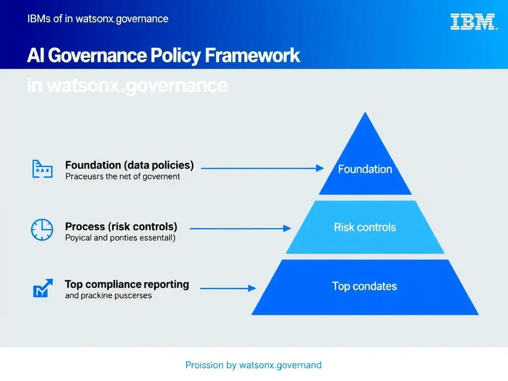 An infographic titled 'AI Governance Policy Framework in watsonx.governance'. Show a pyramid structure: Foundation (data policies) → Process (risk controls) → Top (compliance reporting). Each layer has labeled components. IBM blue and gray palette, clean professional layout.