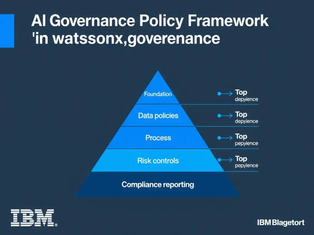 An infographic titled 'AI Governance Policy Framework in watsonx.governance'. Show a pyramid structure: Foundation (data policies) → Process (risk controls) → Top (compliance reporting). Each layer has labeled components. IBM blue and gray palette, clean professional layout.