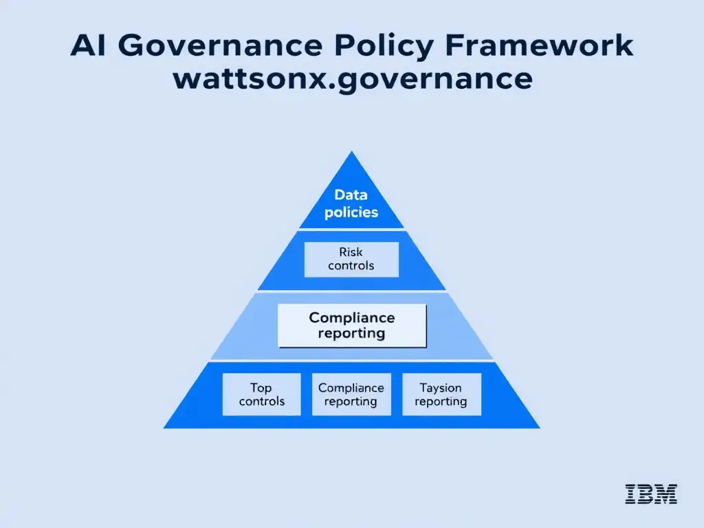 An infographic titled 'AI Governance Policy Framework in watsonx.governance'. Show a pyramid structure: Foundation (data policies) → Process (risk controls) → Top (compliance reporting). Each layer has labeled components. IBM blue and gray palette, clean professional layout.
