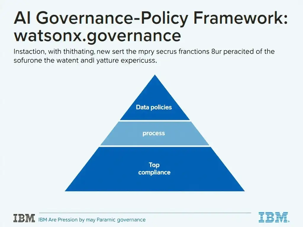 An infographic titled 'AI Governance Policy Framework in watsonx.governance'. Show a pyramid structure: Foundation (data policies) → Process (risk controls) → Top (compliance reporting). Each layer has labeled components. IBM blue and gray palette, clean professional layout.