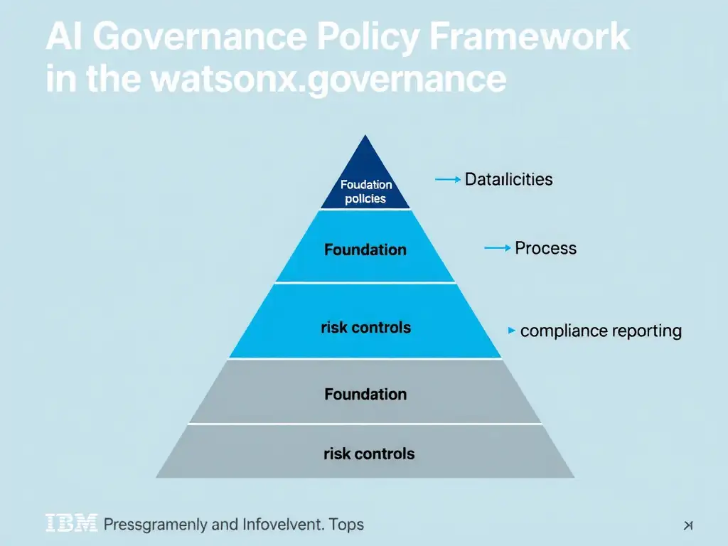 An infographic titled 'AI Governance Policy Framework in watsonx.governance'. Show a pyramid structure: Foundation (data policies) → Process (risk controls) → Top (compliance reporting). Each layer has labeled components. IBM blue and gray palette, clean professional layout.