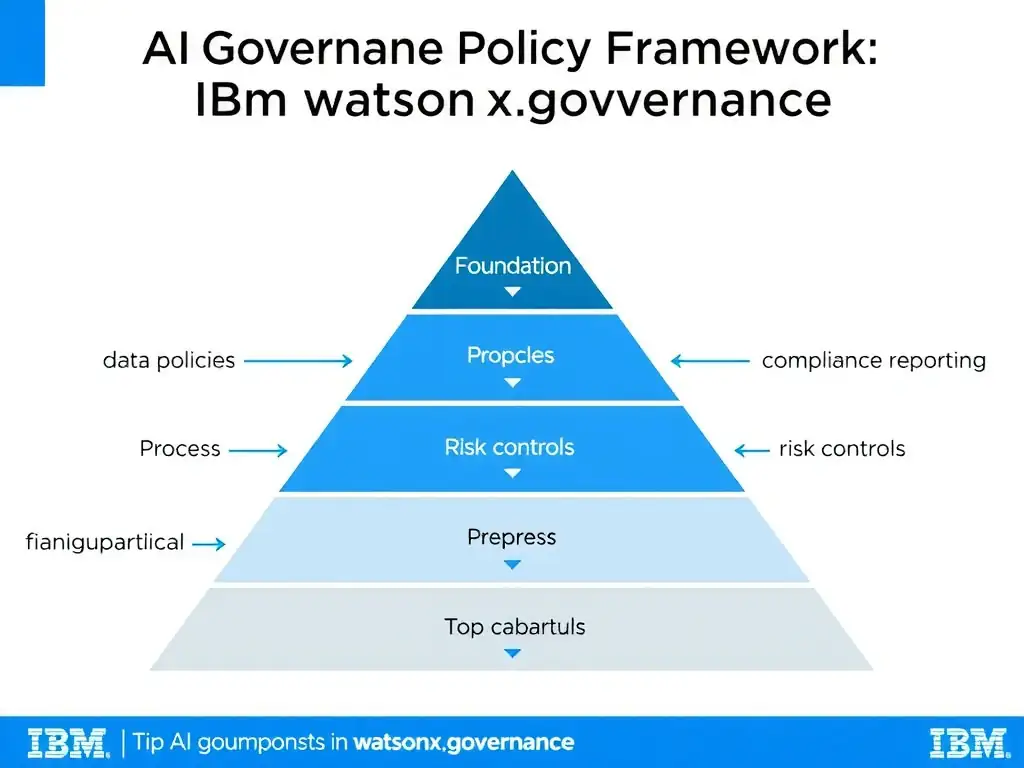 An infographic titled 'AI Governance Policy Framework in watsonx.governance'. Show a pyramid structure: Foundation (data policies) → Process (risk controls) → Top (compliance reporting). Each layer has labeled components. IBM blue and gray palette, clean professional layout.