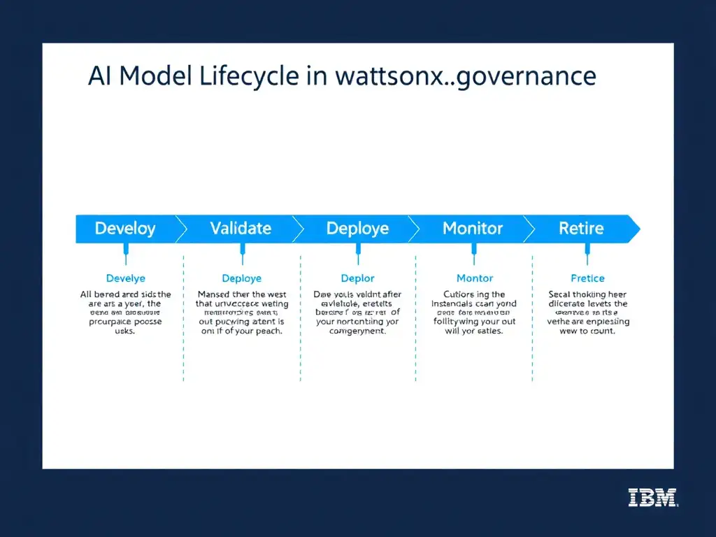 A clean pipeline diagram titled 'AI Model Lifecycle in watsonx.governance'. Show horizontal stages: Develop → Validate → Deploy → Monitor → Retire. Each stage has a small icon and 2-3 bullet points of key activities. IBM blue gradient, white text, professional infographic style.