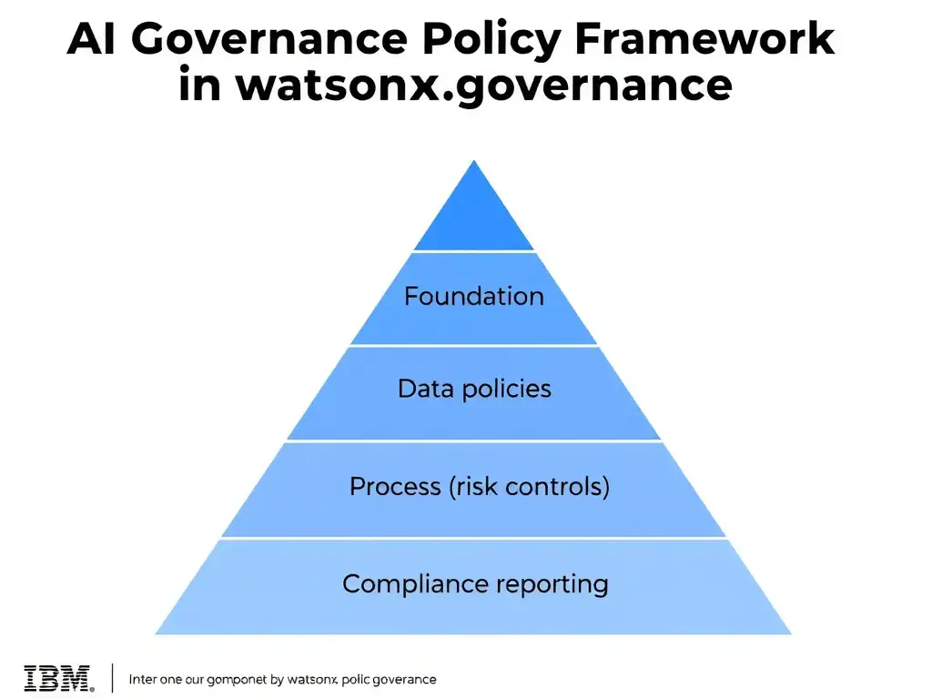An infographic titled 'AI Governance Policy Framework in watsonx.governance'. Show a pyramid structure: Foundation (data policies) → Process (risk controls) → Top (compliance reporting). Each layer has labeled components. IBM blue and gray palette, clean professional layout.