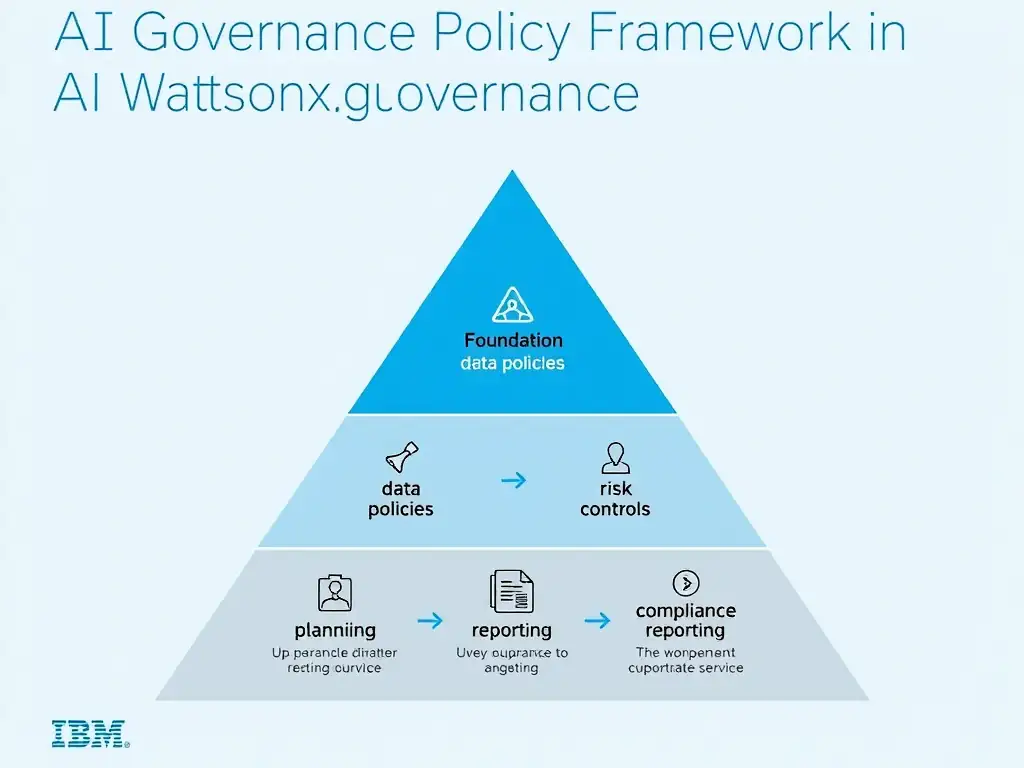 An infographic titled 'AI Governance Policy Framework in watsonx.governance'. Show a pyramid structure: Foundation (data policies) → Process (risk controls) → Top (compliance reporting). Each layer has labeled components. IBM blue and gray palette, clean professional layout.