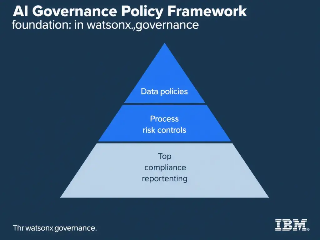 An infographic titled 'AI Governance Policy Framework in watsonx.governance'. Show a pyramid structure: Foundation (data policies) → Process (risk controls) → Top (compliance reporting). Each layer has labeled components. IBM blue and gray palette, clean professional layout.