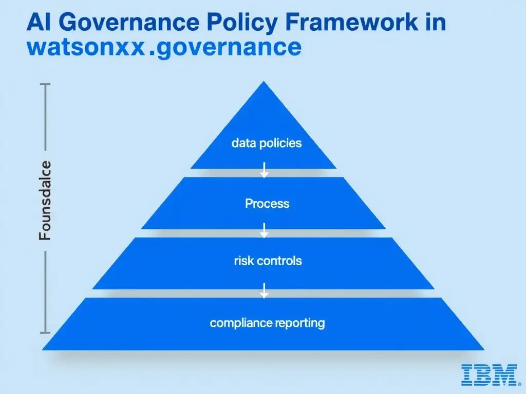 An infographic titled 'AI Governance Policy Framework in watsonx.governance'. Show a pyramid structure: Foundation (data policies) → Process (risk controls) → Top (compliance reporting). Each layer has labeled components. IBM blue and gray palette, clean professional layout.