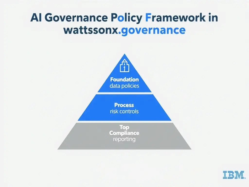 An infographic titled 'AI Governance Policy Framework in watsonx.governance'. Show a pyramid structure: Foundation (data policies) → Process (risk controls) → Top (compliance reporting). Each layer has labeled components. IBM blue and gray palette, clean professional layout.