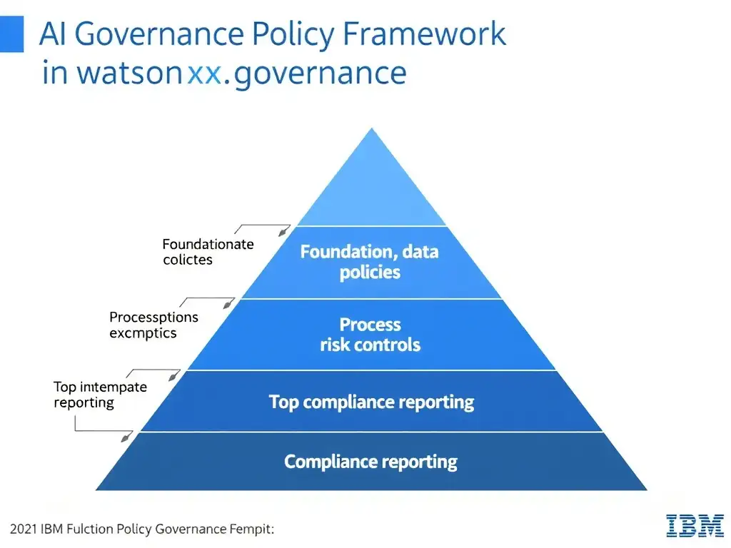 An infographic titled 'AI Governance Policy Framework in watsonx.governance'. Show a pyramid structure: Foundation (data policies) → Process (risk controls) → Top (compliance reporting). Each layer has labeled components. IBM blue and gray palette, clean professional layout.