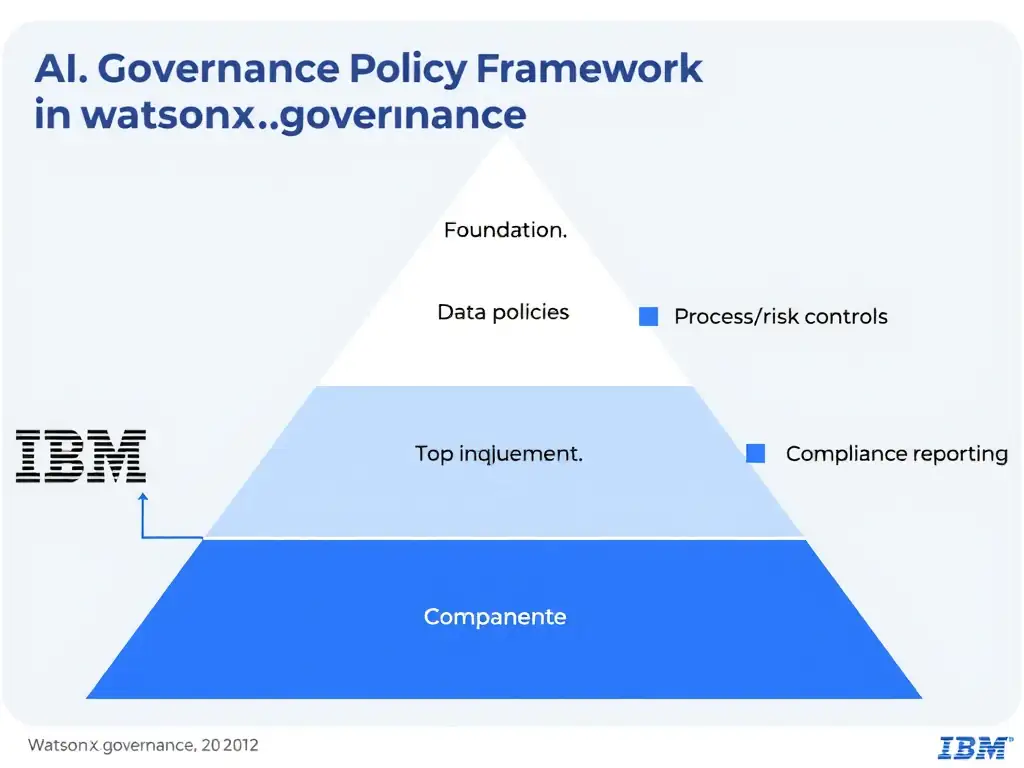 An infographic titled 'AI Governance Policy Framework in watsonx.governance'. Show a pyramid structure: Foundation (data policies) → Process (risk controls) → Top (compliance reporting). Each layer has labeled components. IBM blue and gray palette, clean professional layout.