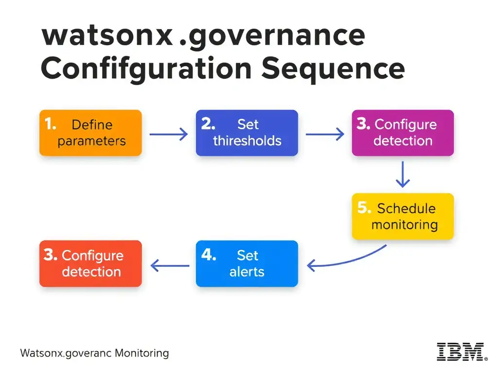 A technical flowchart titled 'watsonx.governance Monitoring Configuration Sequence'. Show numbered steps in connected boxes: 1) Define parameters, 2) Set thresholds, 3) Configure detection, 4) Set alerts, 5) Schedule monitoring. Arrow flow left to right. IBM design system colors.
