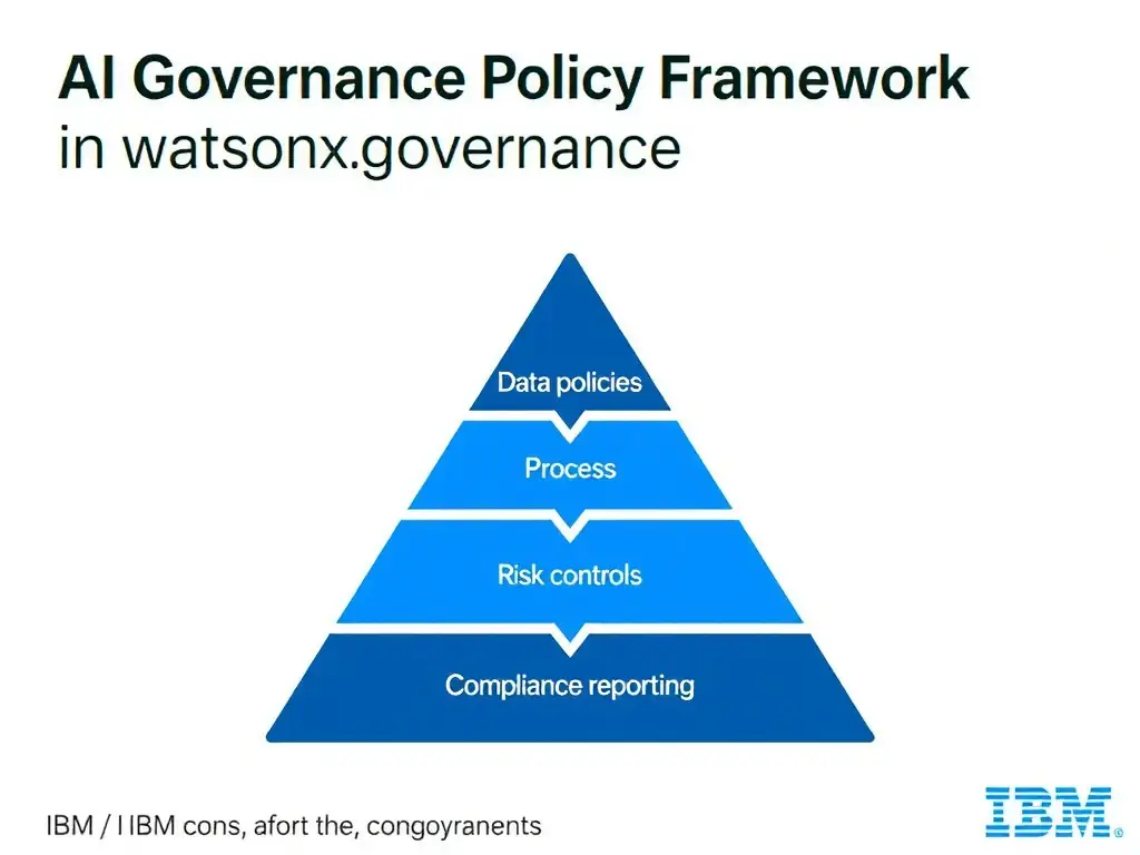 An infographic titled 'AI Governance Policy Framework in watsonx.governance'. Show a pyramid structure: Foundation (data policies) → Process (risk controls) → Top (compliance reporting). Each layer has labeled components. IBM blue and gray palette, clean professional layout.