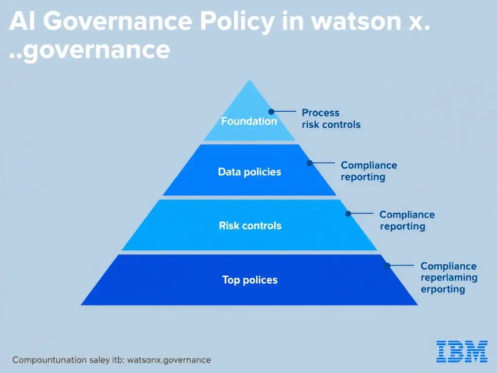An infographic titled 'AI Governance Policy Framework in watsonx.governance'. Show a pyramid structure: Foundation (data policies) → Process (risk controls) → Top (compliance reporting). Each layer has labeled components. IBM blue and gray palette, clean professional layout.