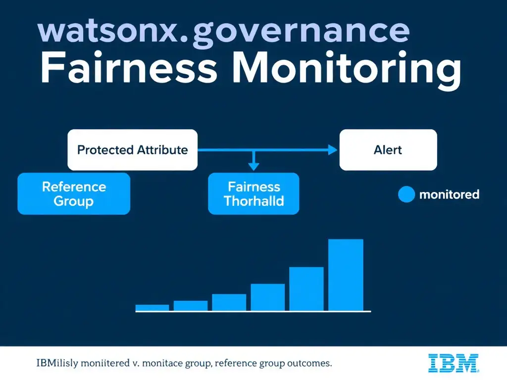 A clean technical infographic titled 'watsonx.governance Fairness Monitoring'. Show a flowchart with boxes labeled: Protected Attribute → Reference Group → Fairness Threshold → Alert. Include a bar chart comparing monitored vs. reference group outcomes. Dark navy background, IBM blue accent colors, white text labels, minimal professional style.