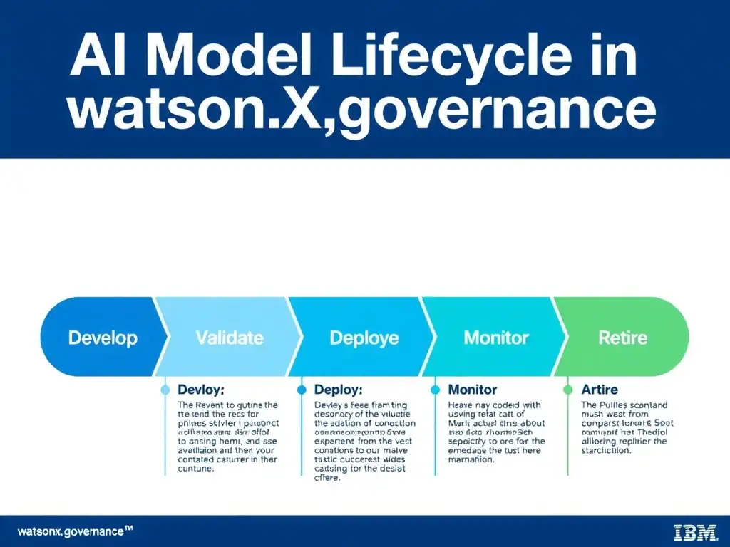A clean pipeline diagram titled 'AI Model Lifecycle in watsonx.governance'. Show horizontal stages: Develop → Validate → Deploy → Monitor → Retire. Each stage has a small icon and 2-3 bullet points of key activities. IBM blue gradient, white text, professional infographic style.