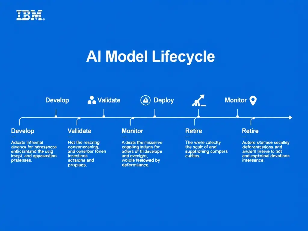 A clean pipeline diagram titled 'AI Model Lifecycle in watsonx.governance'. Show horizontal stages: Develop → Validate → Deploy → Monitor → Retire. Each stage has a small icon and 2-3 bullet points of key activities. IBM blue gradient, white text, professional infographic style.