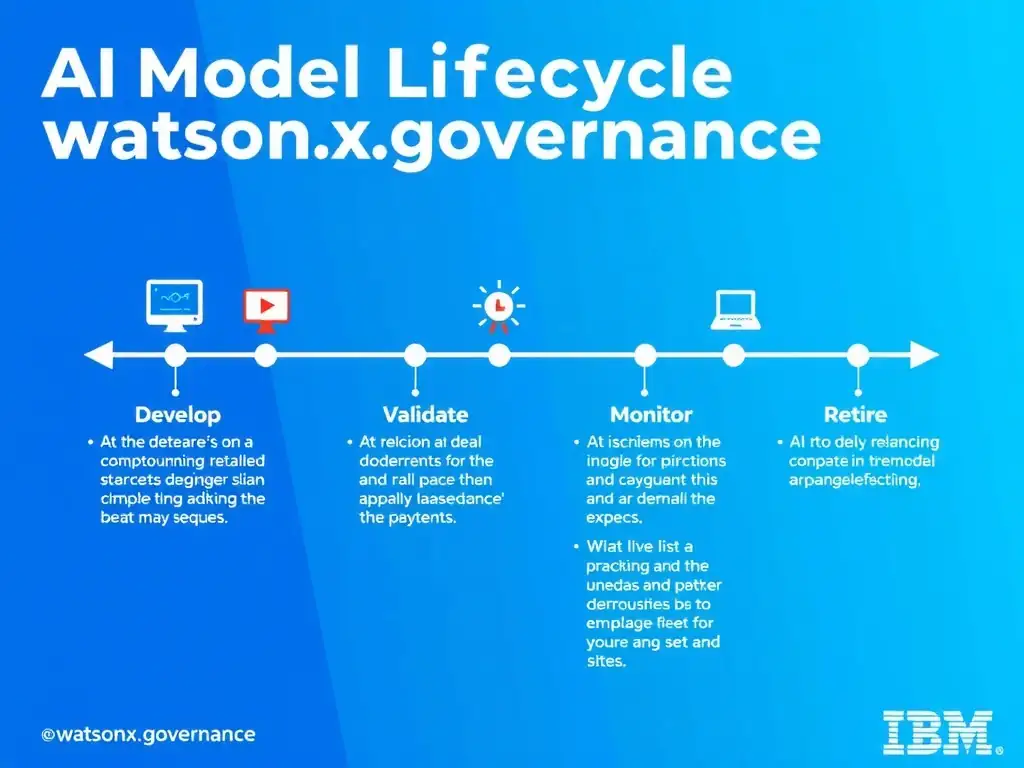 A clean pipeline diagram titled 'AI Model Lifecycle in watsonx.governance'. Show horizontal stages: Develop → Validate → Deploy → Monitor → Retire. Each stage has a small icon and 2-3 bullet points of key activities. IBM blue gradient, white text, professional infographic style.