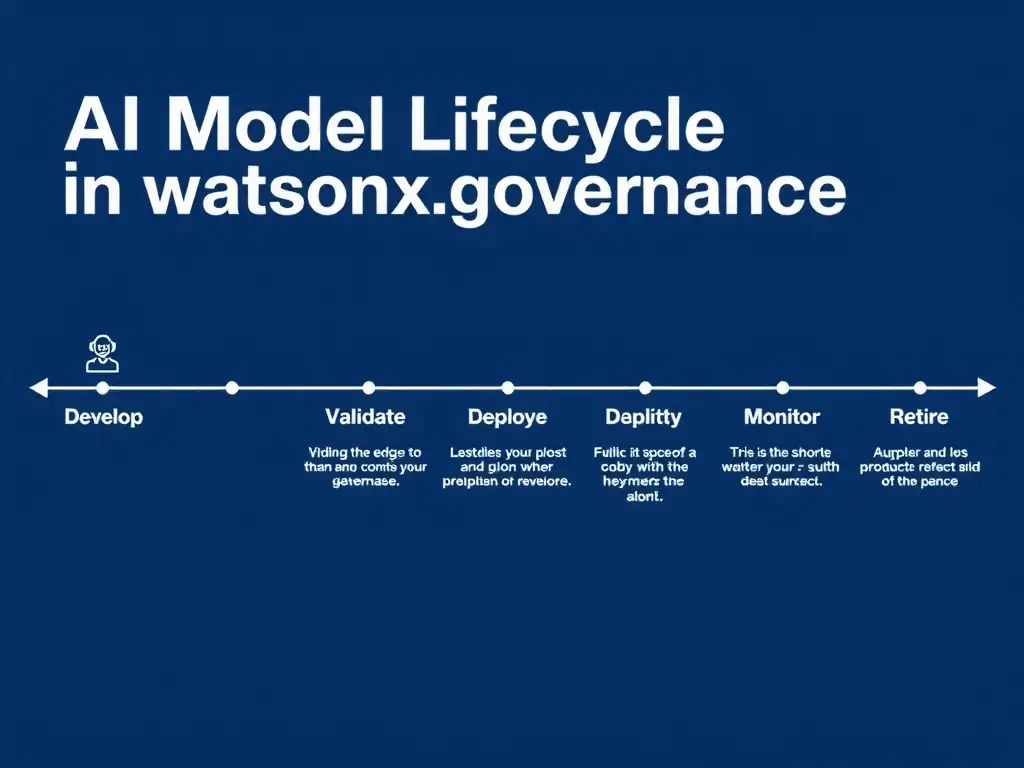 A clean pipeline diagram titled 'AI Model Lifecycle in watsonx.governance'. Show horizontal stages: Develop → Validate → Deploy → Monitor → Retire. Each stage has a small icon and 2-3 bullet points of key activities. IBM blue gradient, white text, professional infographic style.