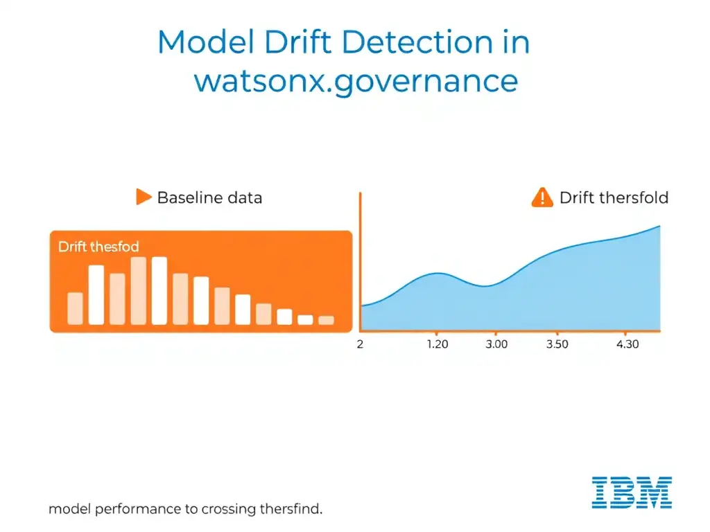 A technical diagram titled 'Model Drift Detection in watsonx.governance'. Show a timeline with baseline data on the left, a drift threshold line in the middle, and alert icons on the right. Include a line graph showing model performance degrading over time crossing the threshold. IBM blue and orange color scheme, white background, clean infographic style.