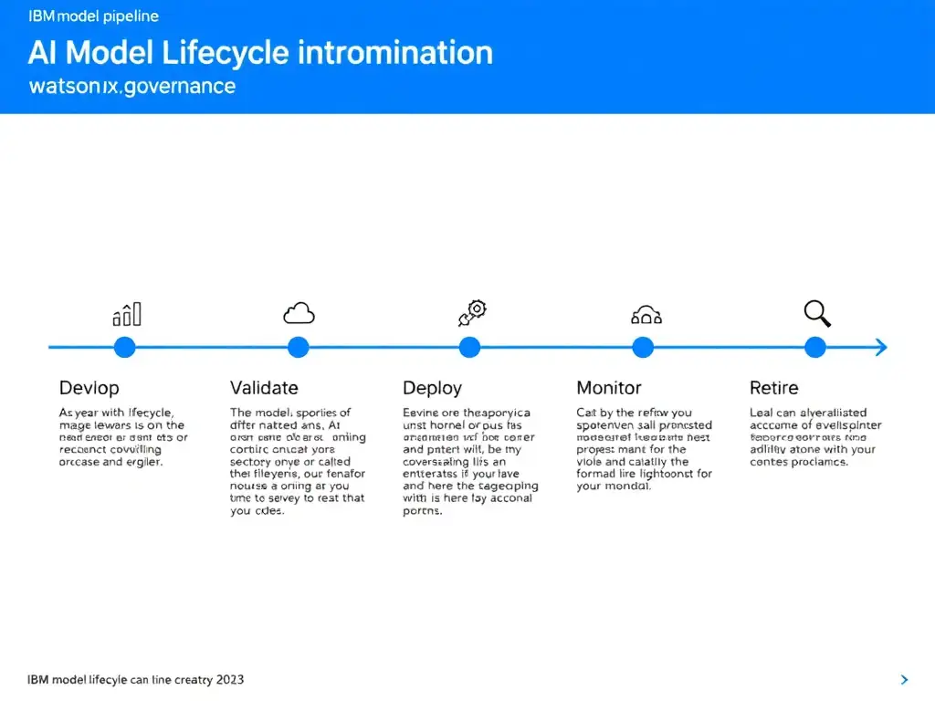 A clean pipeline diagram titled 'AI Model Lifecycle in watsonx.governance'. Show horizontal stages: Develop → Validate → Deploy → Monitor → Retire. Each stage has a small icon and 2-3 bullet points of key activities. IBM blue gradient, white text, professional infographic style.