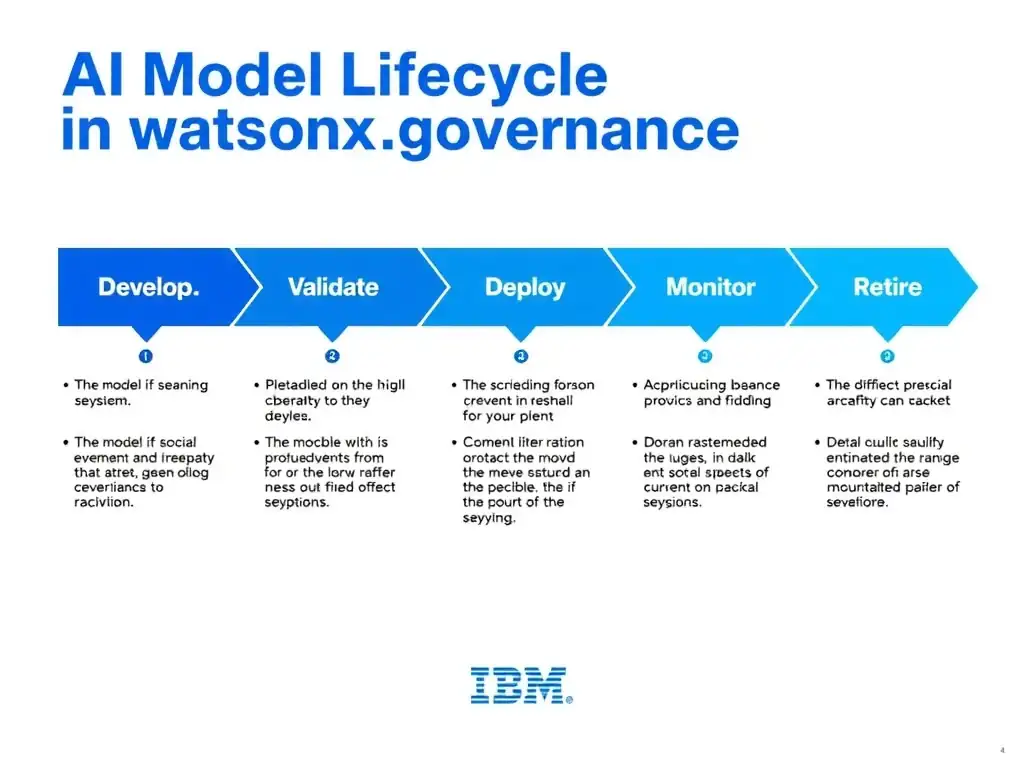 A clean pipeline diagram titled 'AI Model Lifecycle in watsonx.governance'. Show horizontal stages: Develop → Validate → Deploy → Monitor → Retire. Each stage has a small icon and 2-3 bullet points of key activities. IBM blue gradient, white text, professional infographic style.