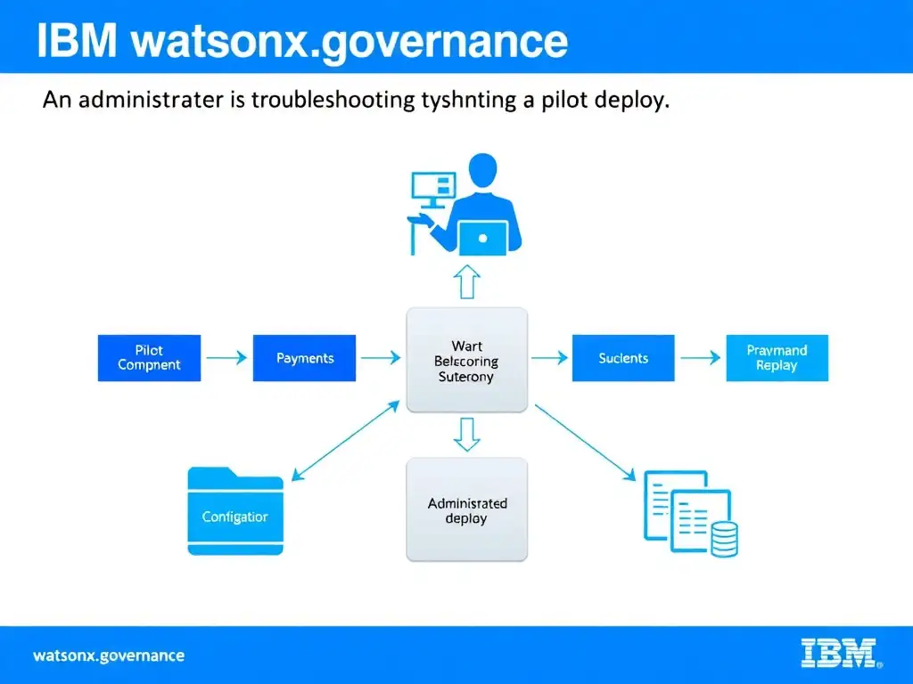 A professional technical infographic for IBM watsonx.governance illustrating: An administrator is troubleshooting a pilot deploy. Show a structured diagram with labeled components, connecting arrows indicating workflow or relationships, and a clear visual hierarchy. IBM blue and white design system, clean sans-serif fonts, no human figures, technical and educational style.