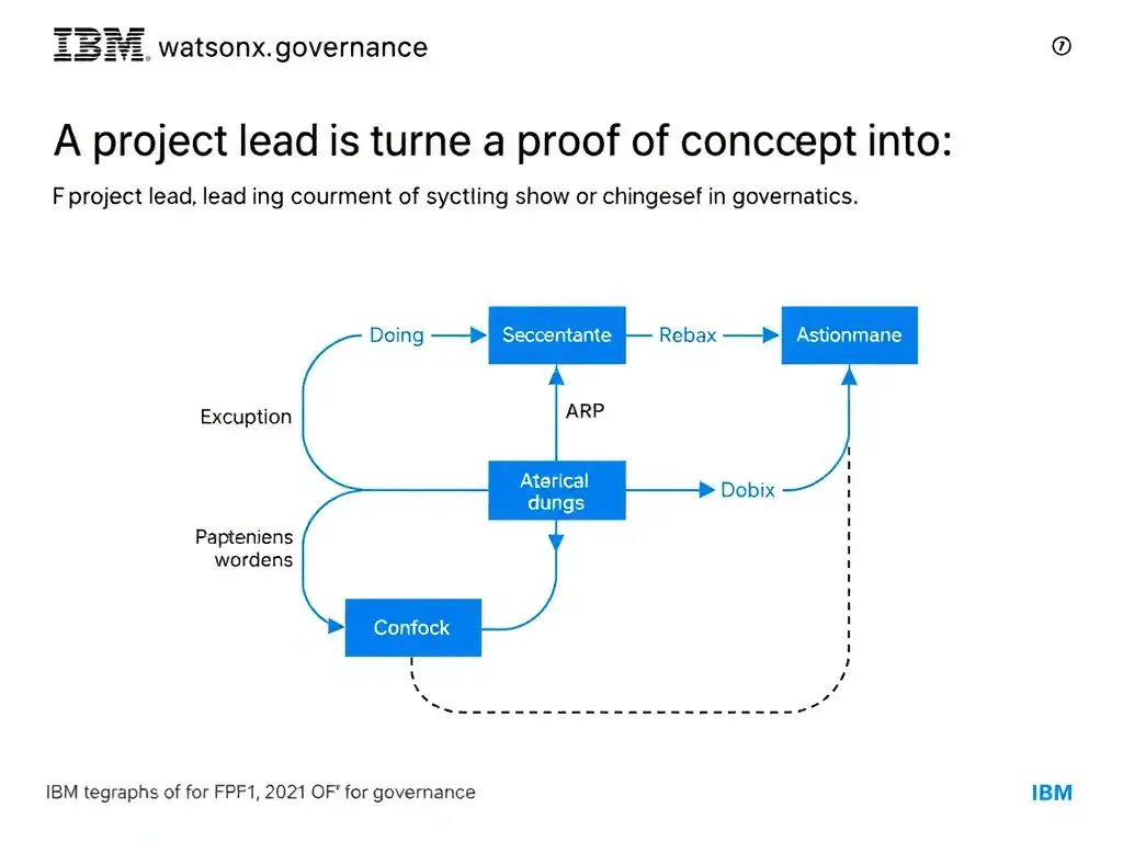 A professional technical infographic for IBM watsonx.governance illustrating: A project lead is turning a proof of concept into. Show a structured diagram with labeled components, connecting arrows indicating workflow or relationships, and a clear visual hierarchy. IBM blue and white design system, clean sans-serif fonts, no human figures, technical and educational style.