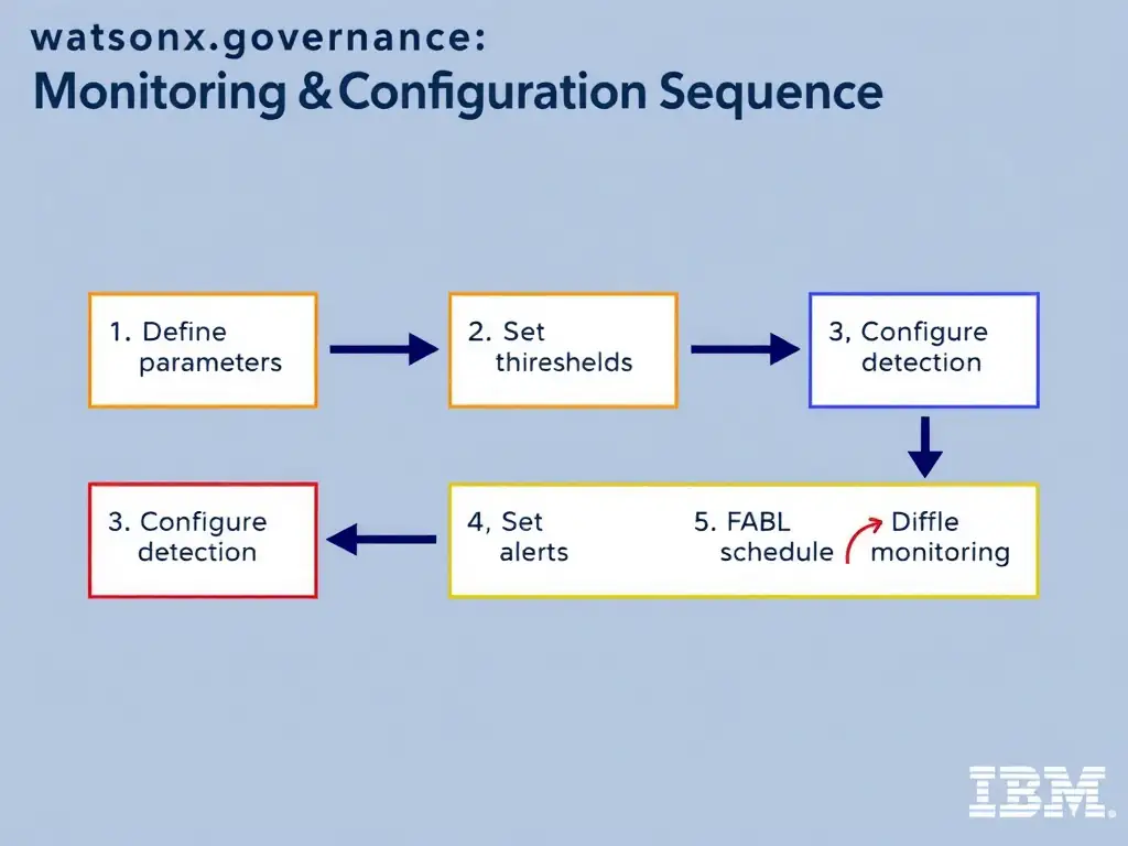 A technical flowchart titled 'watsonx.governance Monitoring Configuration Sequence'. Show numbered steps in connected boxes: 1) Define parameters, 2) Set thresholds, 3) Configure detection, 4) Set alerts, 5) Schedule monitoring. Arrow flow left to right. IBM design system colors.