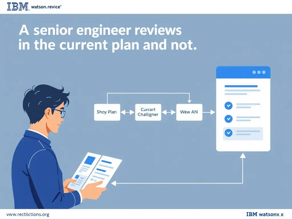 A professional technical infographic for IBM watsonx.governance illustrating: A senior engineer reviews the current plan and not. Show a structured diagram with labeled components, connecting arrows indicating workflow or relationships, and a clear visual hierarchy. IBM blue and white design system, clean sans-serif fonts, no human figures, technical and educational style.