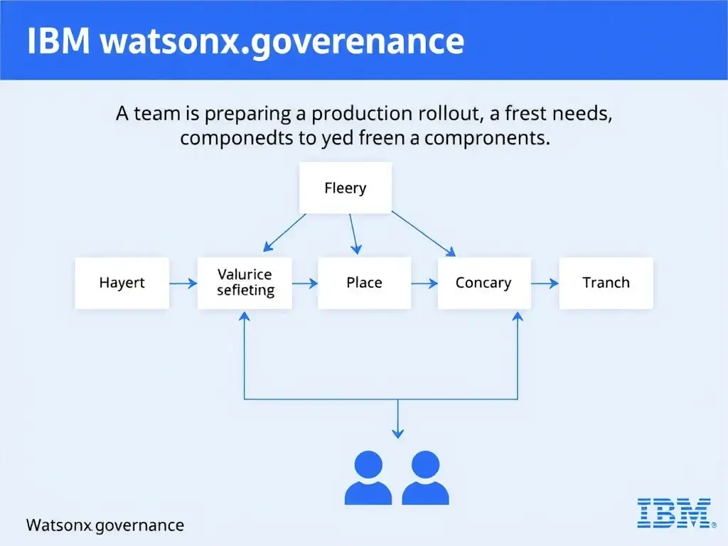 A professional technical infographic for IBM watsonx.governance illustrating: A team is preparing a production rollout and needs. Show a structured diagram with labeled components, connecting arrows indicating workflow or relationships, and a clear visual hierarchy. IBM blue and white design system, clean sans-serif fonts, no human figures, technical and educational style.