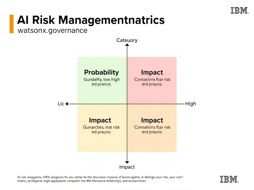 A risk assessment matrix infographic titled 'AI Risk Management in watsonx.governance'. Show a 2x2 grid with axes: Probability (low/high) and Impact (low/high). Risk categories labeled in each quadrant with color coding (green/yellow/orange/red). IBM design system, clean white background with colored quadrants.