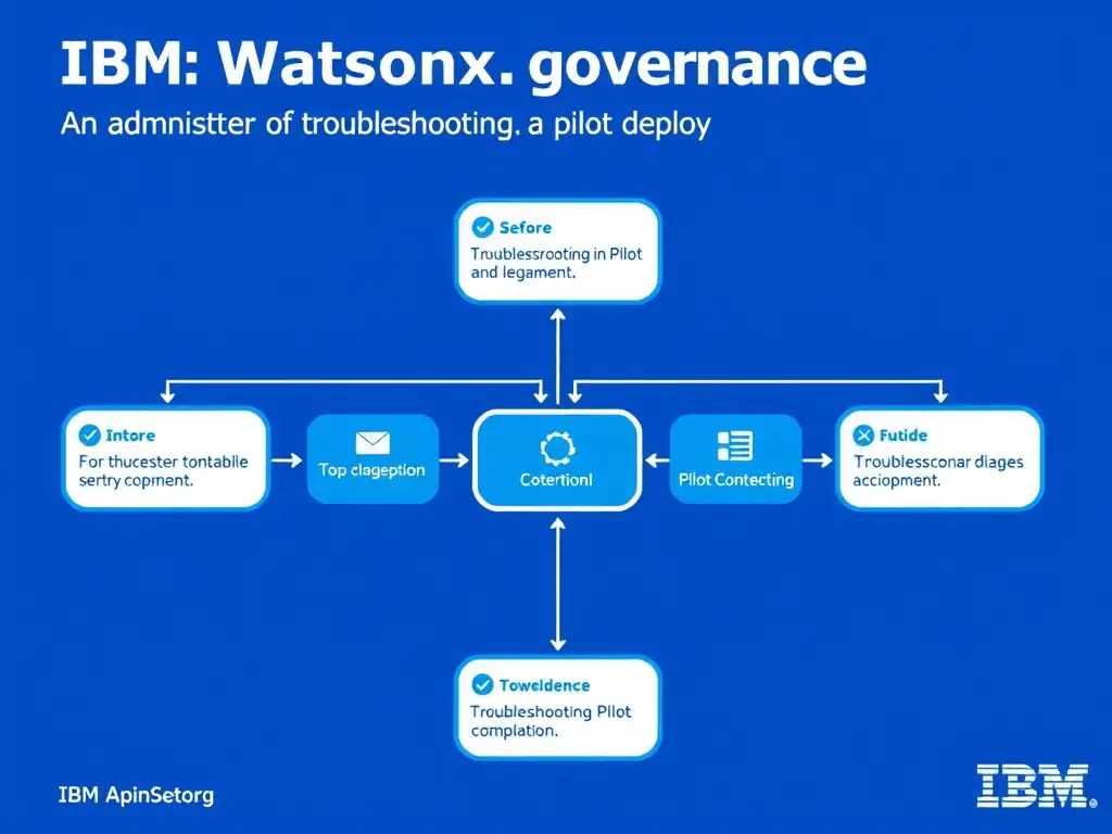 A professional technical infographic for IBM watsonx.governance illustrating: An administrator is troubleshooting a pilot deploy. Show a structured diagram with labeled components, connecting arrows indicating workflow or relationships, and a clear visual hierarchy. IBM blue and white design system, clean sans-serif fonts, no human figures, technical and educational style.