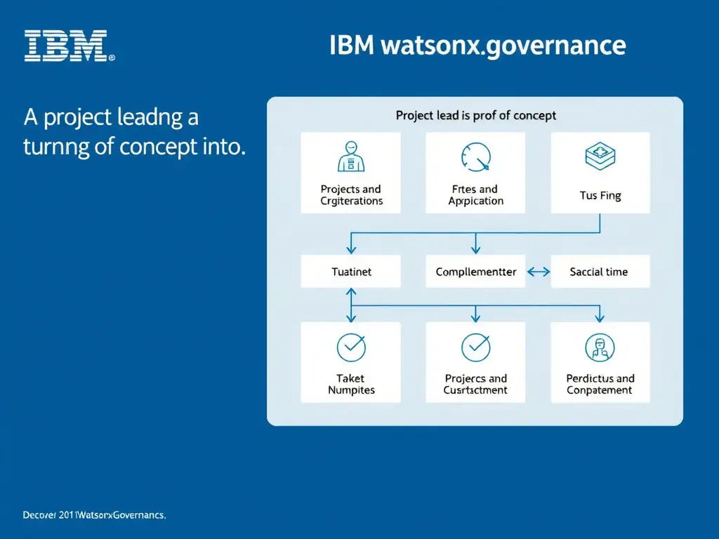 A professional technical infographic for IBM watsonx.governance illustrating: A project lead is turning a proof of concept into. Show a structured diagram with labeled components, connecting arrows indicating workflow or relationships, and a clear visual hierarchy. IBM blue and white design system, clean sans-serif fonts, no human figures, technical and educational style.