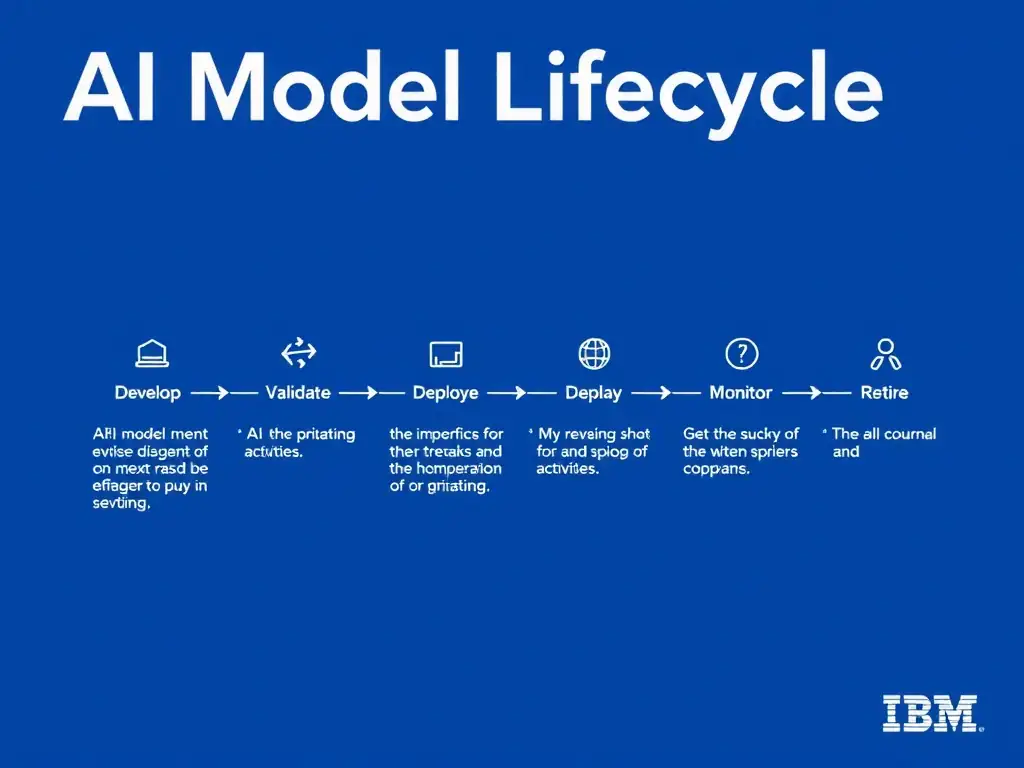 A clean pipeline diagram titled 'AI Model Lifecycle in watsonx.governance'. Show horizontal stages: Develop → Validate → Deploy → Monitor → Retire. Each stage has a small icon and 2-3 bullet points of key activities. IBM blue gradient, white text, professional infographic style.